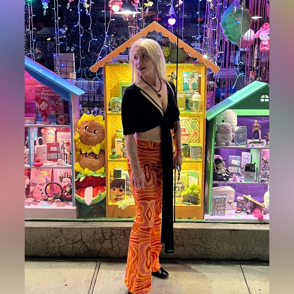 Finesse Groovy Retro Bell Bottom Hip Hugger Pants Orange Swirl Small